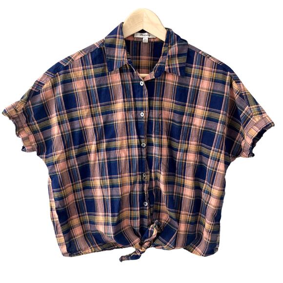 Madewell Short Sleeve Tie Front Shirt - Plaid - Peach Blue - XXS - Picture 1 of 6